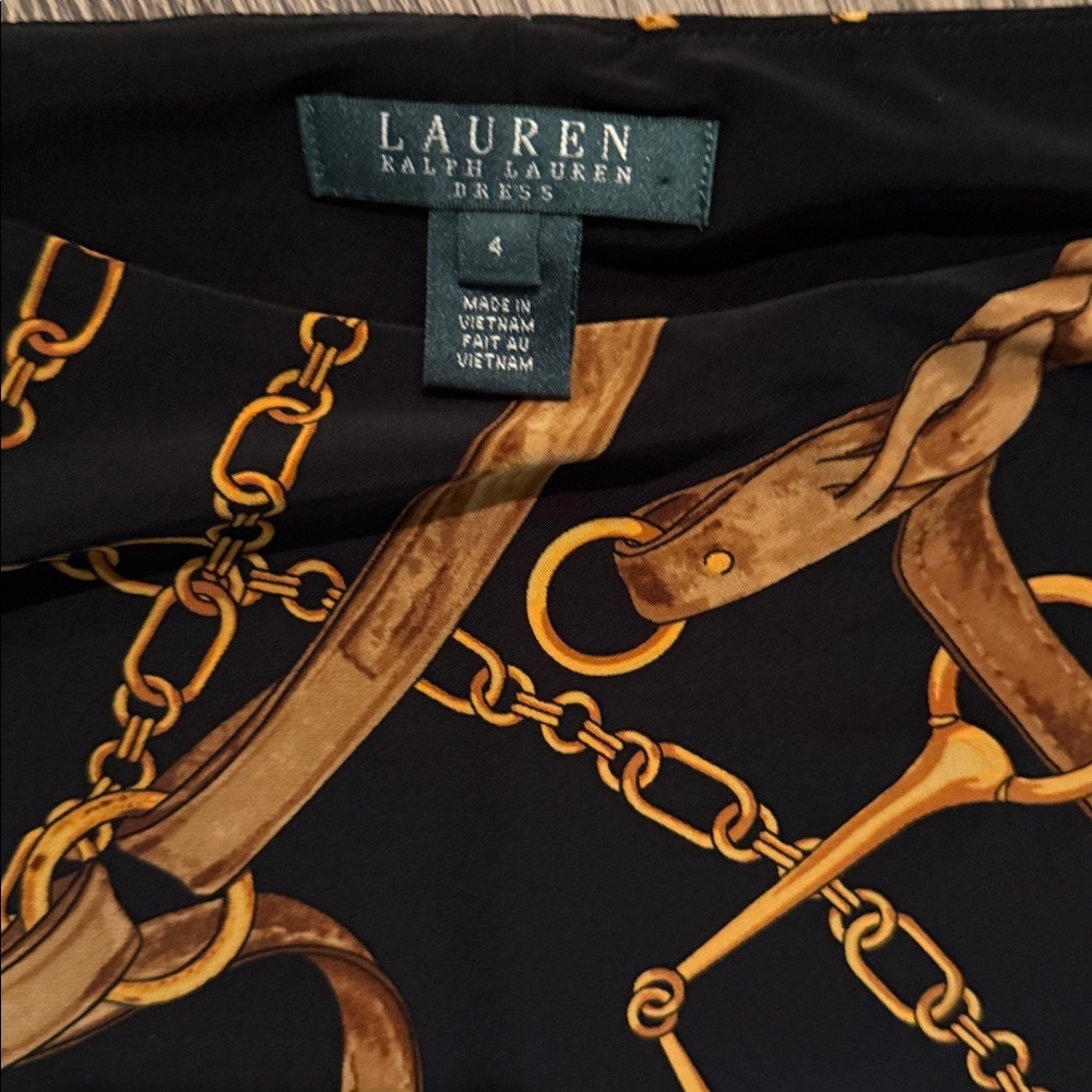 Ralph Lauren Black and Gold horse bit Chain Pattern Midi Dress equestrian size 4 - Picture 4 of 6